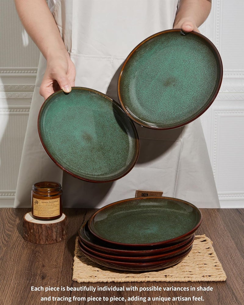 Pokini Ceramic Dinner Plates Set of 6 10 Inch Handmade Reactive Glaze Stoneware Plates Modern Rustic Dinnerware Microwave  Dishwasher Safe Scratch ResistantBrown and Green - Image 5