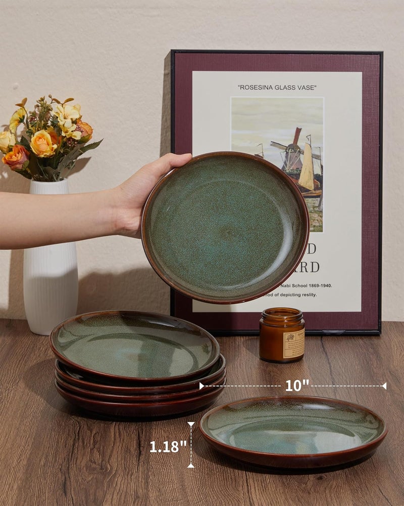 Pokini Ceramic Dinner Plates Set of 6 10 Inch Handmade Reactive Glaze Stoneware Plates Modern Rustic Dinnerware Microwave  Dishwasher Safe Scratch ResistantBrown and Green - Image 2