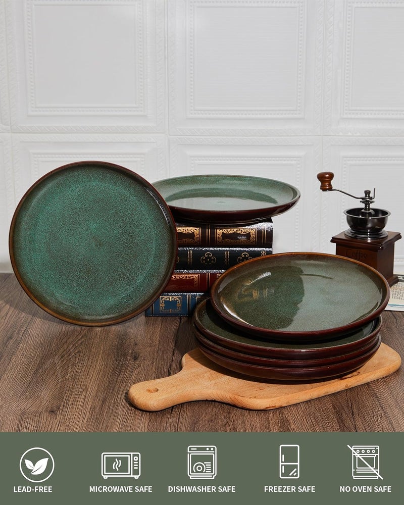 Pokini Ceramic Dinner Plates Set of 6 10 Inch Handmade Reactive Glaze Stoneware Plates Modern Rustic Dinnerware Microwave  Dishwasher Safe Scratch ResistantBrown and Green - Image 4