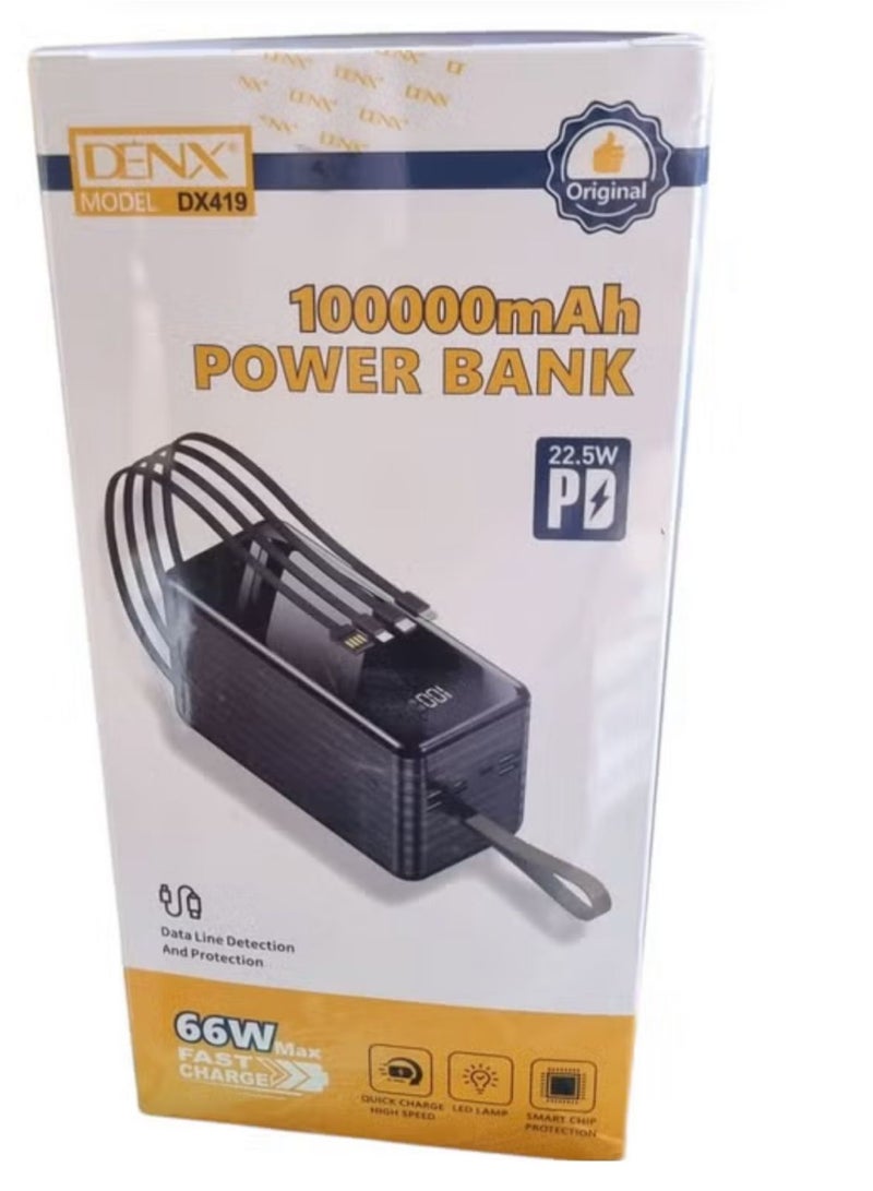 Denx Power Bank 100000mAH Large Capacity 22.5w Output Type-C And USB Port 
