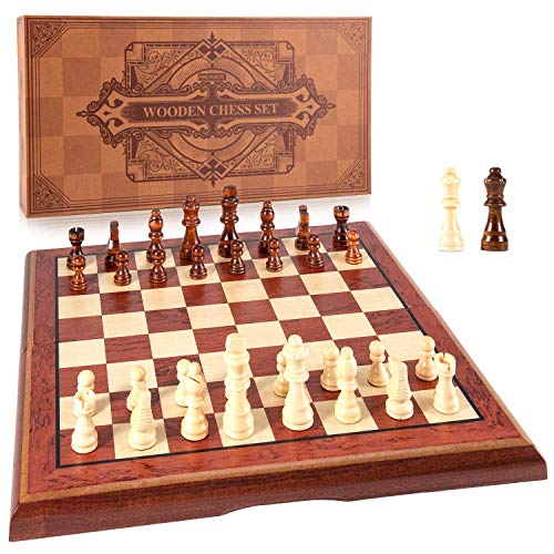 AMEROUS 15 Magnetic Wooden Chess Set Folding Board 2 Extra Queens Chessmen Storage Slots Gift Package Travel Chess Board Game Sets for Kids and Adults - Image 1