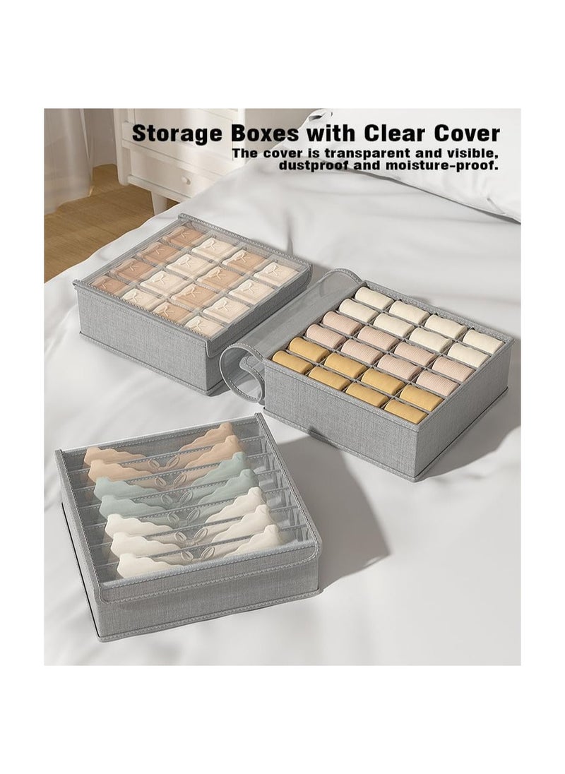 SYOSI - Underwear Socks Storage Organizer with Lid, 2 Packs Foldable Closet Drawer Organizer with Dividers, Wardrobe Storage Boxes, Fabric Dresser Bin for Bra Scarf Neck Tie Container (7 Cells Gray) - Image 1