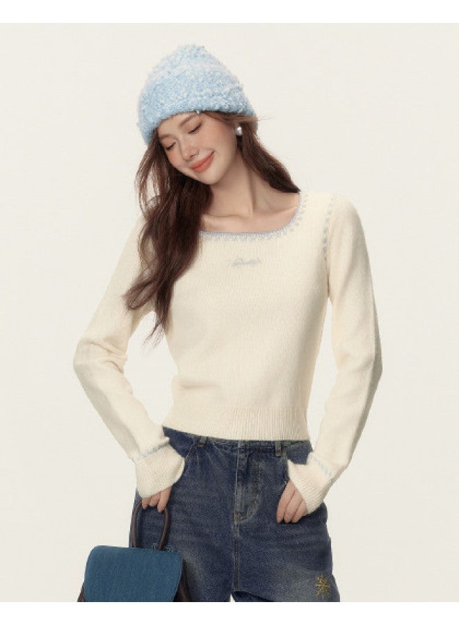 EPTISON Sweet Girly Style Knit Sweater For Women, Autumn Retro Square Neck With Color-Block Embroidery, Lazy Chic Knit Top - Image 1