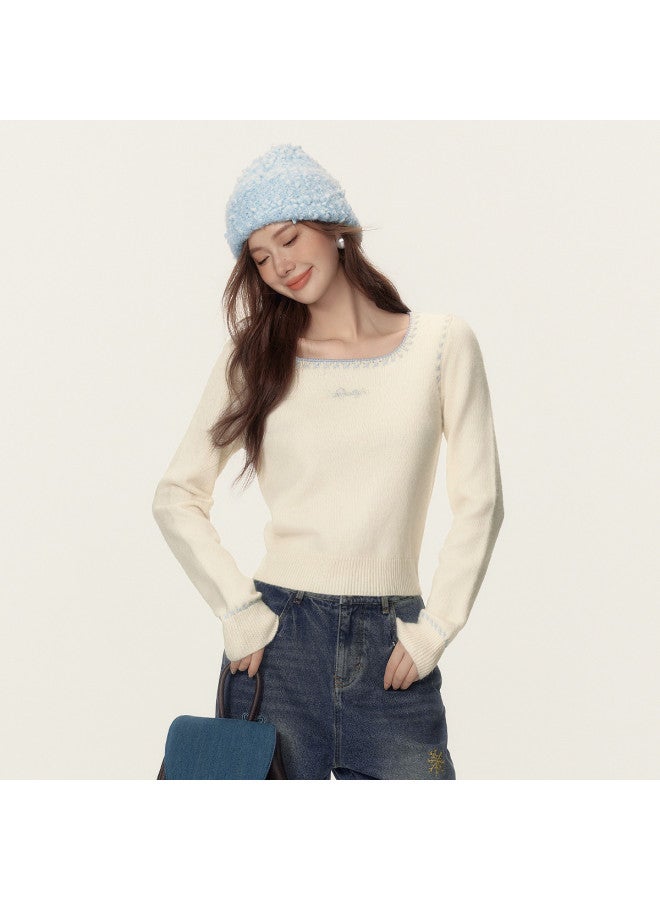EPTISON Sweet Girly Style Knit Sweater For Women, Autumn Retro Square Neck With Color-Block Embroidery, Lazy Chic Knit Top - Image 2