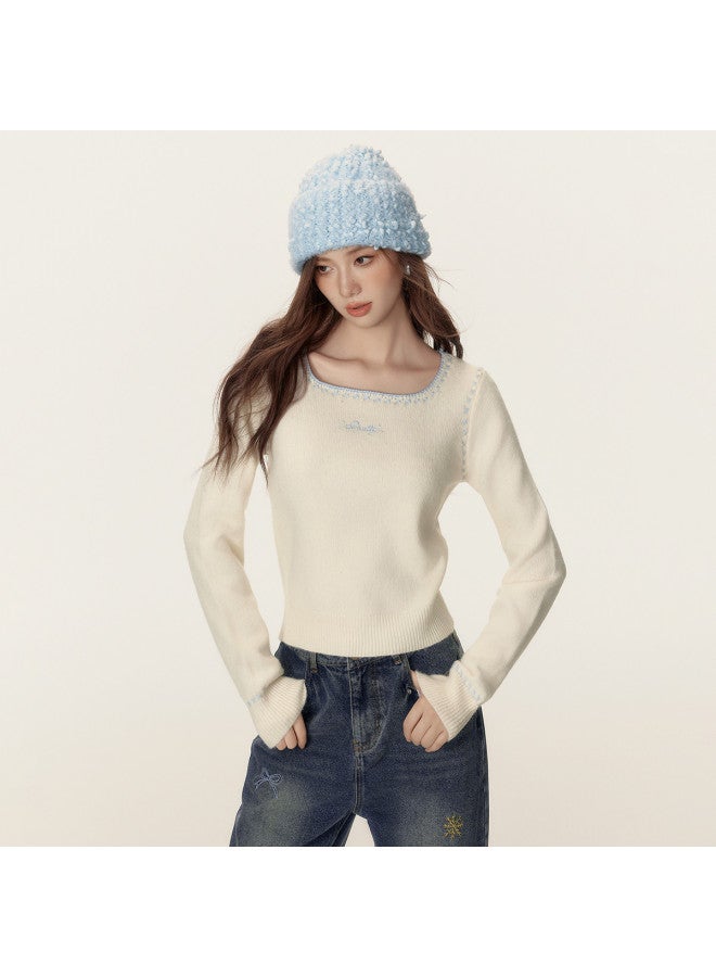 EPTISON Sweet Girly Style Knit Sweater For Women, Autumn Retro Square Neck With Color-Block Embroidery, Lazy Chic Knit Top - Image 3