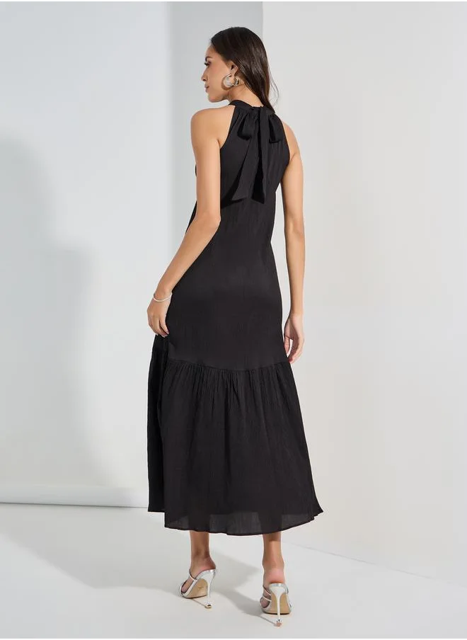 Styli Textured Halter Neck A-Line Maxi Dress