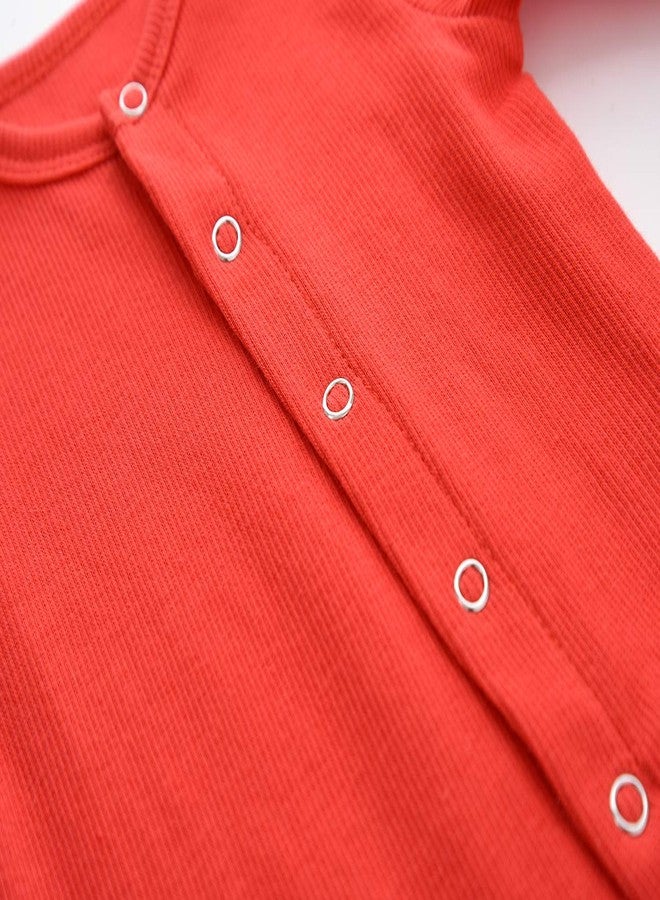 ACESTAR بيجامة أطفال حديثي الولادة بأقدام مع كفوف قفاز - قطنية للجنسين بأزرار للرضع للنوم واللعب، 9-12 شهر، أحمر - Image 4