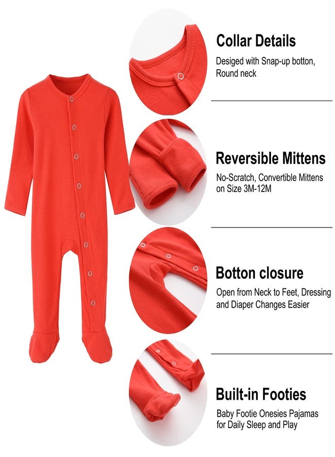 ACESTAR بيجامة أطفال حديثي الولادة بأقدام مع كفوف قفاز - قطنية للجنسين بأزرار للرضع للنوم واللعب، 9-12 شهر، أحمر - Image 2