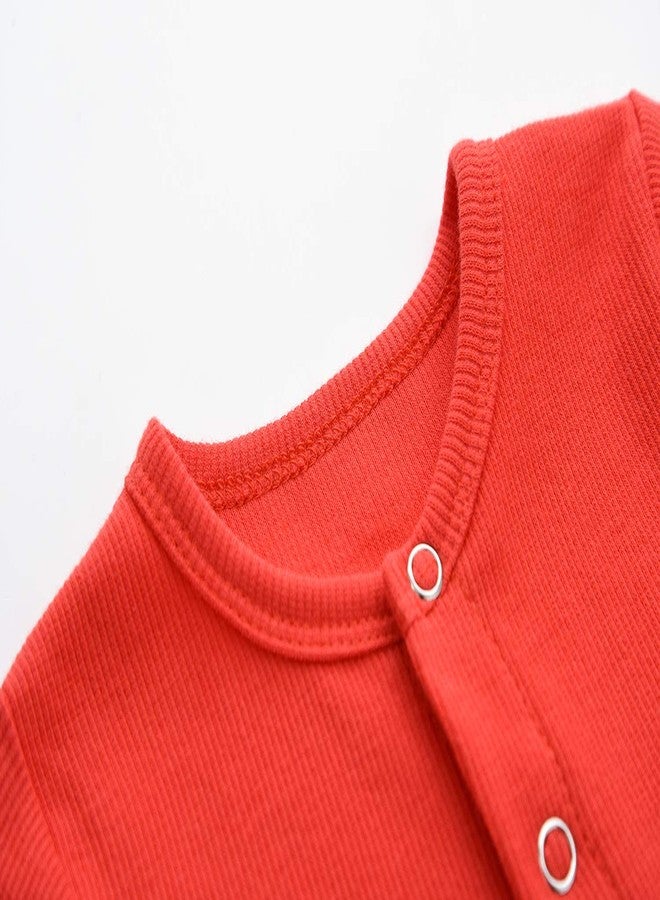 ACESTAR بيجامة أطفال حديثي الولادة بأقدام مع كفوف قفاز - قطنية للجنسين بأزرار للرضع للنوم واللعب، 9-12 شهر، أحمر - Image 3