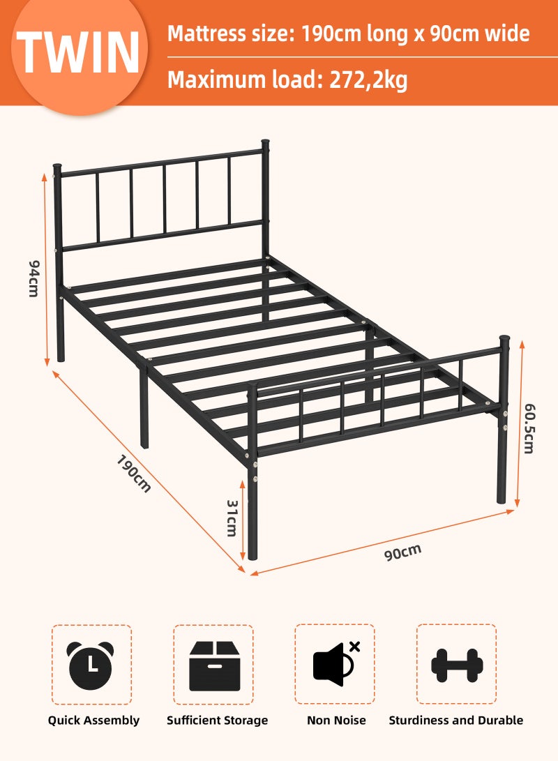 ULHYC Heavy Duty Single Bed Frame with Headboard: Features Reinforced Steel Tube, Supports 272KG, Ample Underbed Storage, and No Box Spring Required for Ultimate Stability. - Image 5