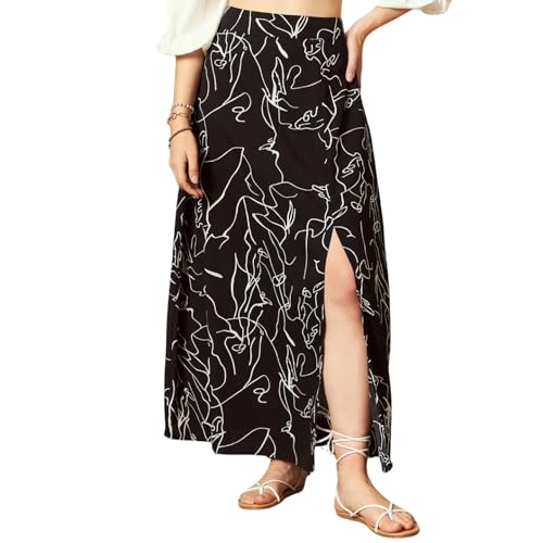 Berrylush Women Black & White Abstract Printed High-Rise Waist Zipper-Up Straight Hem Thigh-High Slit A-Line Maxi Skirt - Image 1