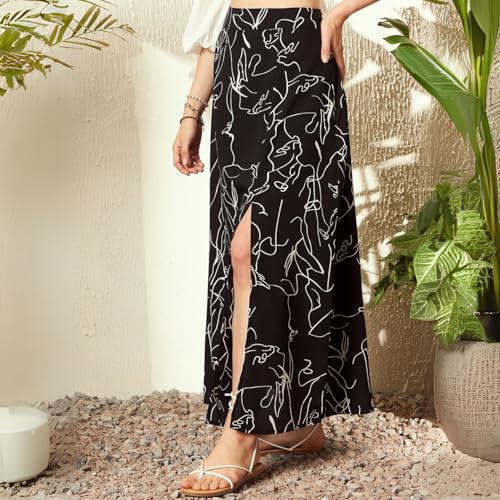 Berrylush Women Black & White Abstract Printed High-Rise Waist Zipper-Up Straight Hem Thigh-High Slit A-Line Maxi Skirt - Image 3