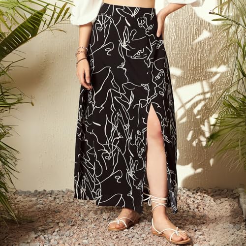 Berrylush Women Black & White Abstract Printed High-Rise Waist Zipper-Up Straight Hem Thigh-High Slit A-Line Maxi Skirt - Image 2