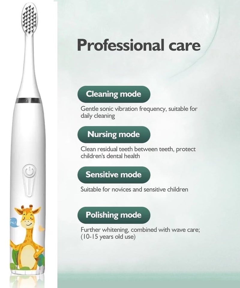 Bioline Kids Children Electric Automatic Toothbrush Kit With 6 Brushes,4 Modes Of Cleaning Giraffe White Cartoon Animals Tooth Cleaner Set Oral Care Electric Toothbrush Tools For Age3-15Years,1Piece - Image 2