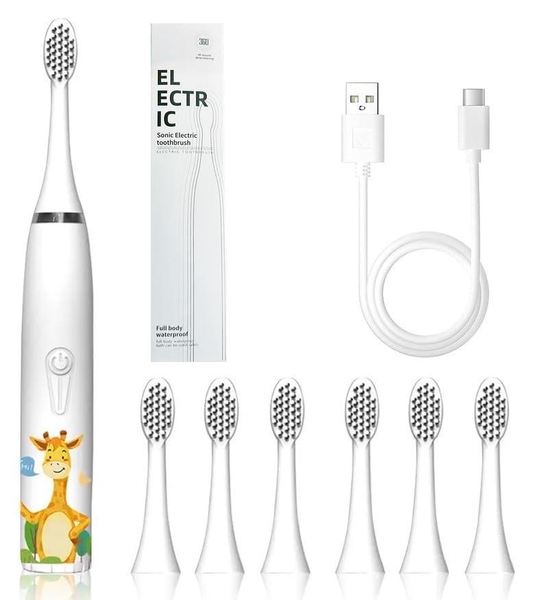 Bioline Kids Children Electric Automatic Toothbrush Kit With 6 Brushes,4 Modes Of Cleaning Giraffe White Cartoon Animals Tooth Cleaner Set Oral Care Electric Toothbrush Tools For Age3-15Years,1Piece - Image 1