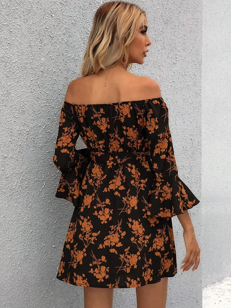 JECEIKA Womens Off Shoulder Dress Ruffle Floral Fall Wedding Guest Dresses 2025 A Line Tied Belted Short Skater Dress XL Caramel - Image 2