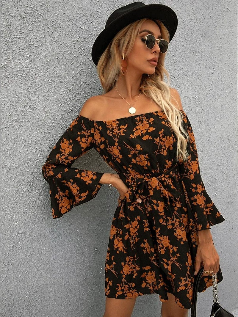 JECEIKA Womens Off Shoulder Dress Ruffle Floral Fall Wedding Guest Dresses 2025 A Line Tied Belted Short Skater Dress XL Caramel - Image 4