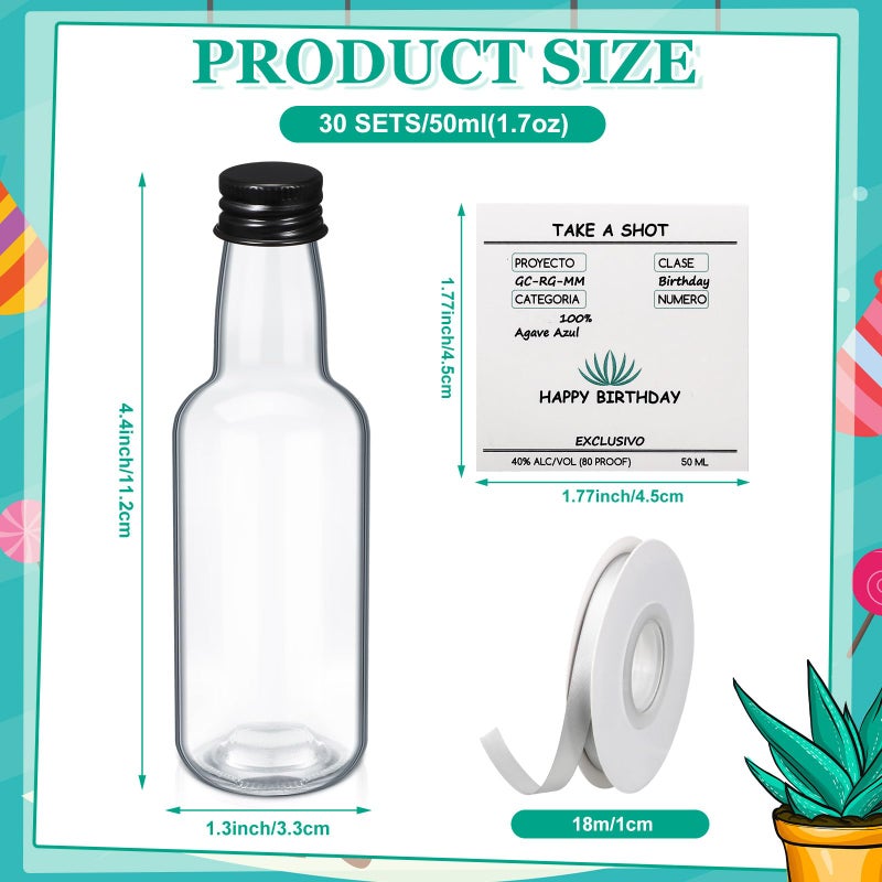Jingmore 30 Pack 1.7oz Mini Liquor Bottles 50ml Plastic Alcohol Bottle with Cap, Labels, Ribbon for Party Supplies(Birthday,Turquoise) - Image 2