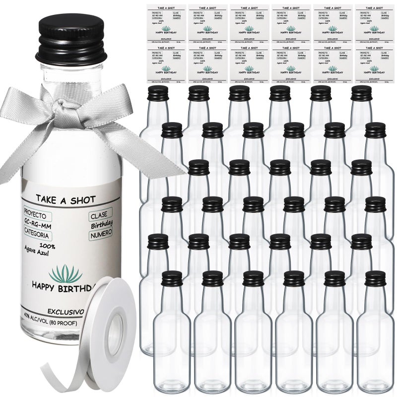 Jingmore 30 Pack 1.7oz Mini Liquor Bottles 50ml Plastic Alcohol Bottle with Cap, Labels, Ribbon for Party Supplies(Birthday,Turquoise) - Image 1