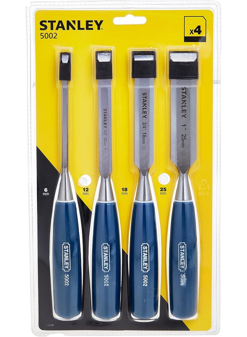 Stanley 4-Piece Wood Chisel Set (6mm, 12mm, 18mm, 25mm) – High Carbon Steel Blades, Ergonomic Polypropylene Handles, Model 0-16-129 - Image 1