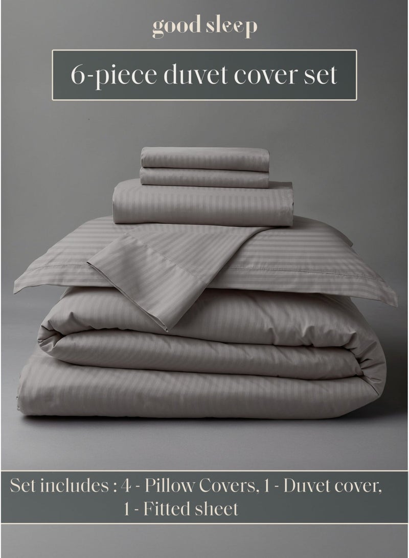 Good Sleep Premium Striped Duvet Set – 6-Piece Grey | Queen Size 200x160 cm | Ultra-Soft, Wrinkle-Resistant & Made in Dubai | Includes Duvet Cover, Fitted Sheet & 4 Pillowcases - Image 1