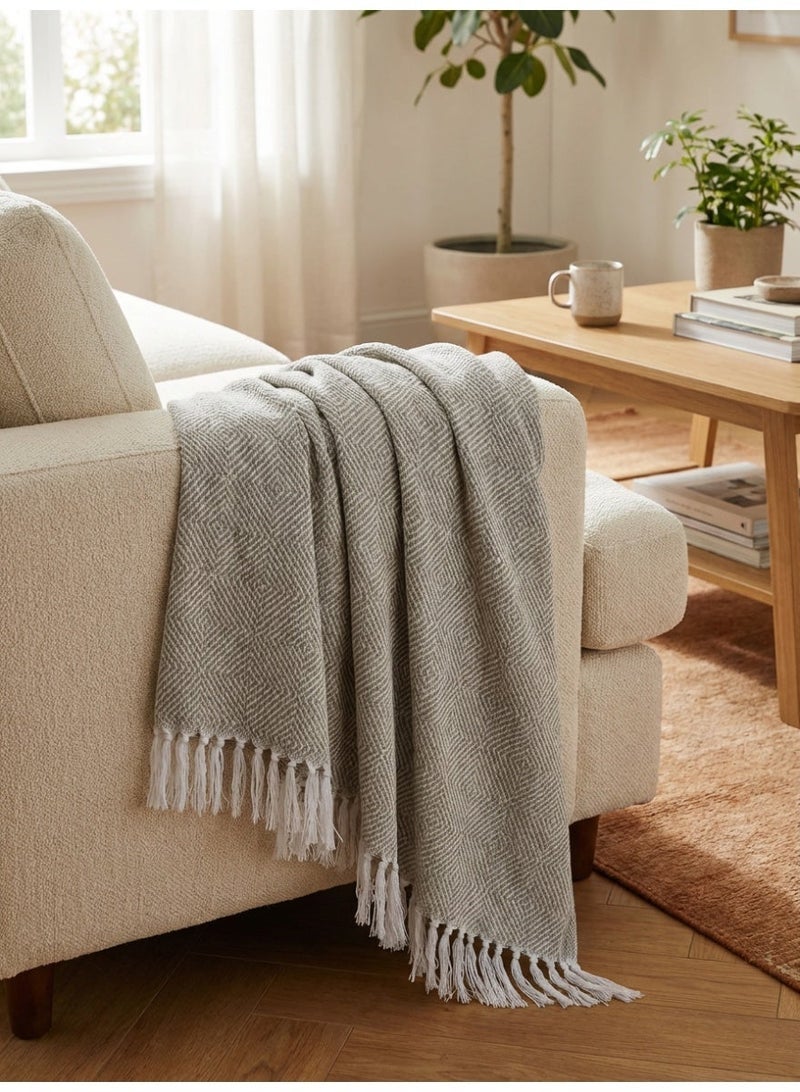 Ambrosia 130 x 160 cm 400GSM Woven Wooly Cotton Knitted Throw Blanket Beige with Fringed Edges Decorative Diamond Pattern Couch Cover and Bed Runner - Image 4