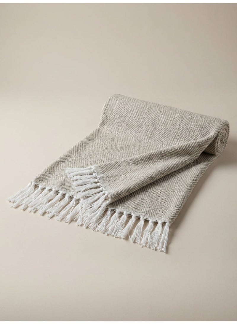 Ambrosia 130 x 160 cm 400GSM Woven Wooly Cotton Knitted Throw Blanket Beige with Fringed Edges Decorative Diamond Pattern Couch Cover and Bed Runner - Image 1