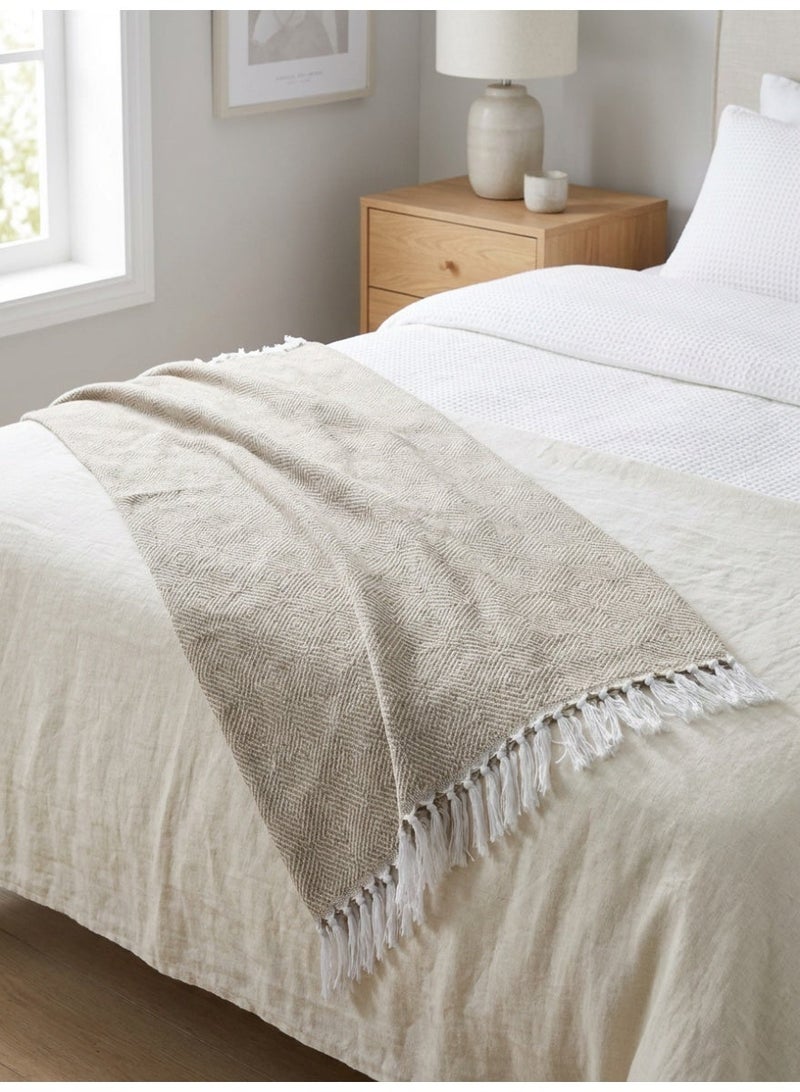 Ambrosia 130 x 160 cm 400GSM Woven Wooly Cotton Knitted Throw Blanket Beige with Fringed Edges Decorative Diamond Pattern Couch Cover and Bed Runner - Image 2