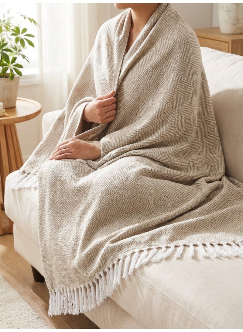 Ambrosia 130 x 160 cm 400GSM Woven Wooly Cotton Knitted Throw Blanket Beige with Fringed Edges Decorative Diamond Pattern Couch Cover and Bed Runner - Image 5