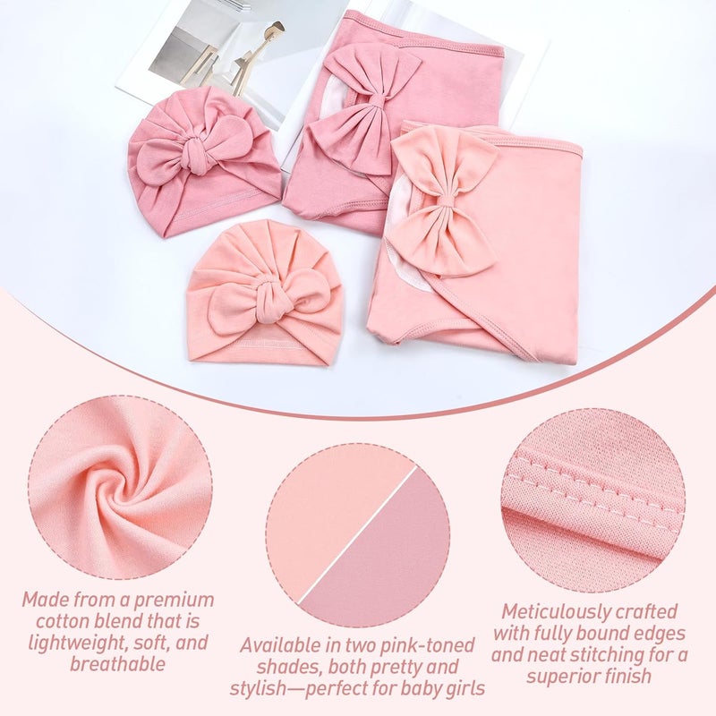 Cinaci 2 Pack Adjustable Soft Cotton Blend Newborn Baby Receiving Swaddle Blankets Sleep Sacks with Big Bow Hats Caps Beanies Bonnets for Baby Girls Newborns Infants (Coral Pink+Dusty Pink) - Image 3