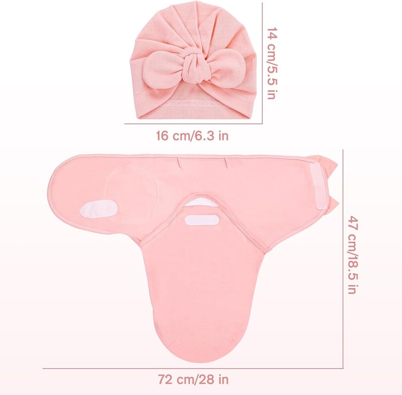 Cinaci 2 Pack Adjustable Soft Cotton Blend Newborn Baby Receiving Swaddle Blankets Sleep Sacks with Big Bow Hats Caps Beanies Bonnets for Baby Girls Newborns Infants (Coral Pink+Dusty Pink) - Image 2