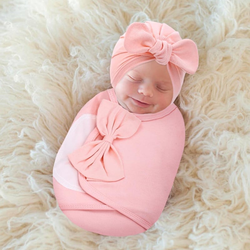 Cinaci 2 Pack Adjustable Soft Cotton Blend Newborn Baby Receiving Swaddle Blankets Sleep Sacks with Big Bow Hats Caps Beanies Bonnets for Baby Girls Newborns Infants (Coral Pink+Dusty Pink) - Image 5