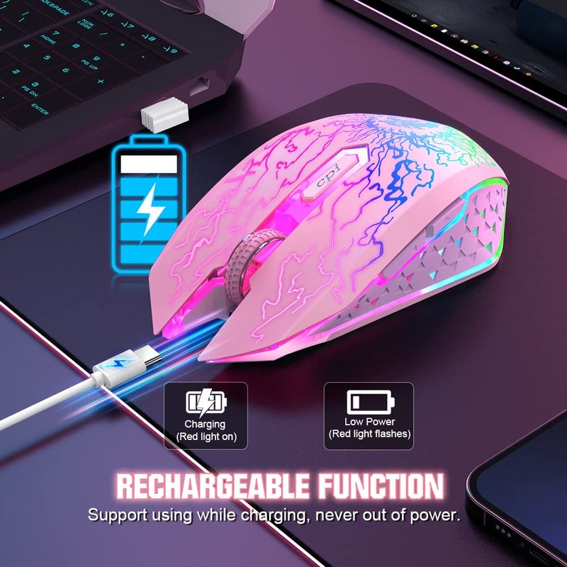 VersionTECH . Wireless Gaming Mouse, Rechargeable Computer Mouse Mice with Colorful LED Lights, Silent Click, 2.4G USB Nano Receiver, 3 Level DPI for PC Gamer Laptop Desktop Chromebook Mac-Pink - Image 5