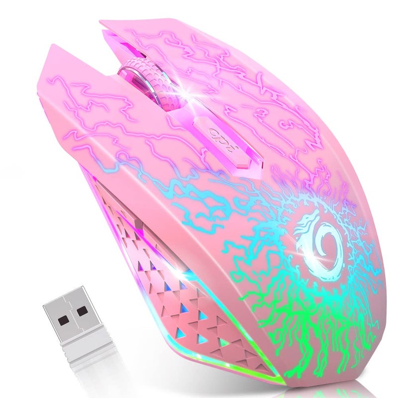 VersionTECH . Wireless Gaming Mouse, Rechargeable Computer Mouse Mice with Colorful LED Lights, Silent Click, 2.4G USB Nano Receiver, 3 Level DPI for PC Gamer Laptop Desktop Chromebook Mac-Pink - Image 1
