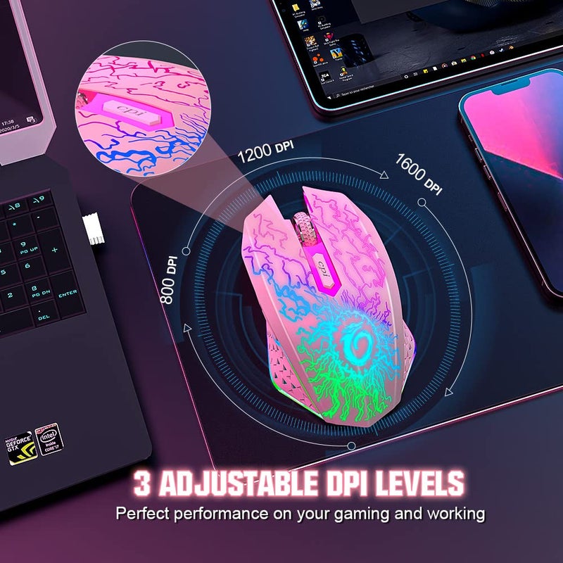 VersionTECH . Wireless Gaming Mouse, Rechargeable Computer Mouse Mice with Colorful LED Lights, Silent Click, 2.4G USB Nano Receiver, 3 Level DPI for PC Gamer Laptop Desktop Chromebook Mac-Pink - Image 3