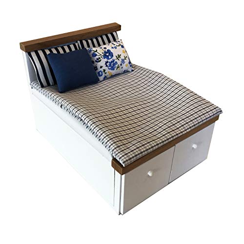 Inusitus Dollhouse White Queen Bed for 6 Inch Dolls Mini Wooden Bed with Grey Bedding Realistic Bedroom Accessories 112 Scale - Image 1