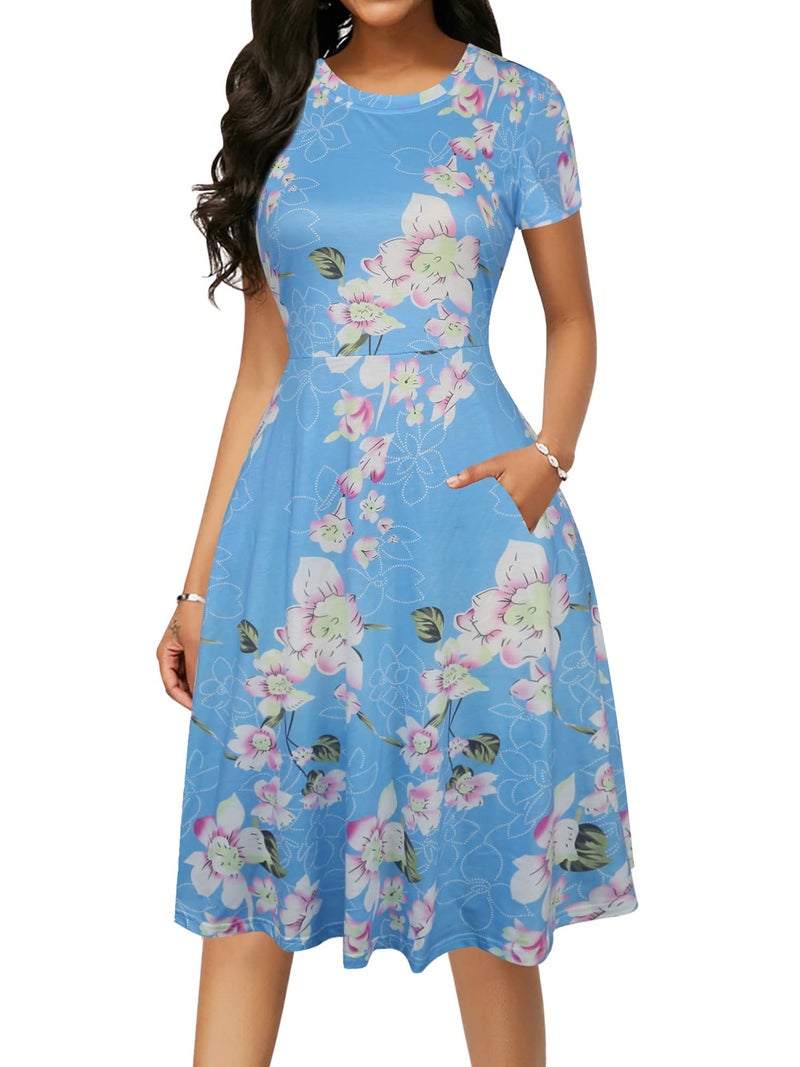 oxiuly Women's Fit and Flare Summer Casual Dress Cotton Strertchy Midi Dresses with Pockets OX262 (Sky Floral, L) - Image 5