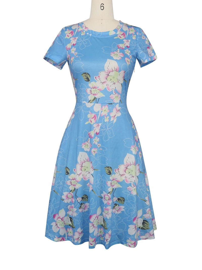 oxiuly Women's Fit and Flare Summer Casual Dress Cotton Strertchy Midi Dresses with Pockets OX262 (Sky Floral, L) - Image 2