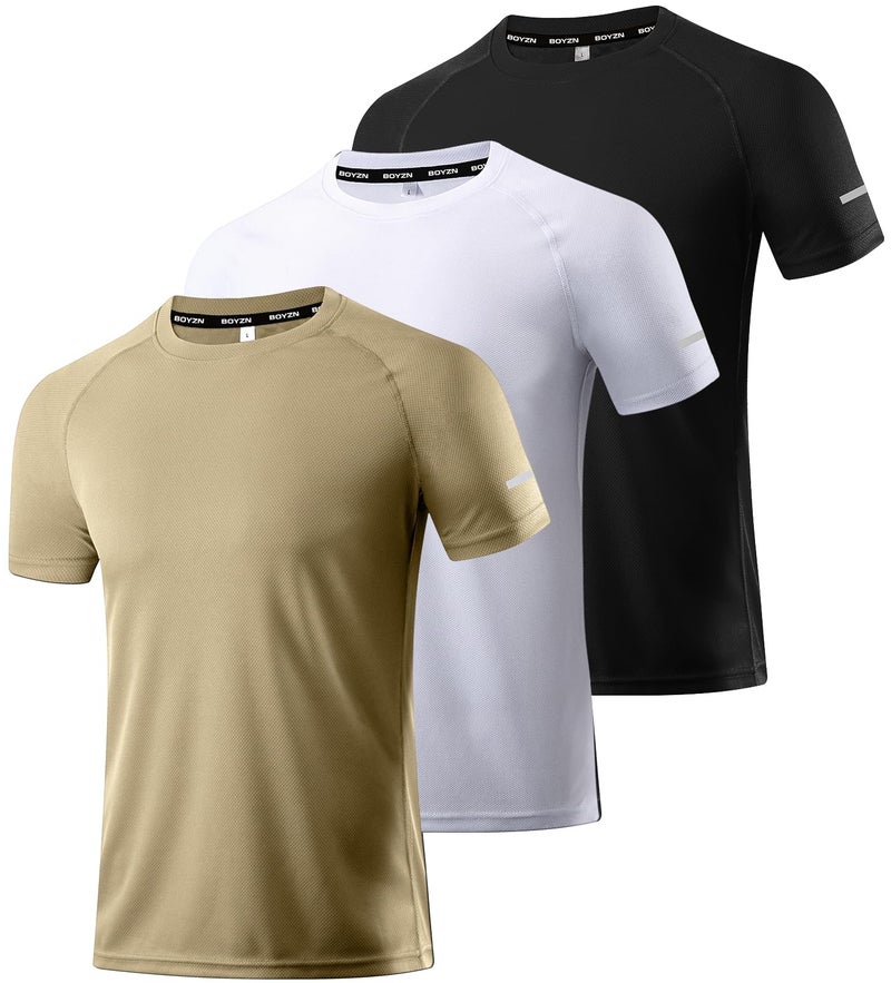 Boyzn Men's 3 Pack Workout Running Shirts, Dry Fit Moisture Wicking T-Shirts, Sports Gym Athletic Short Sleeve T Shirts for Men Black/White/Khaki-3P12-L - Image 1