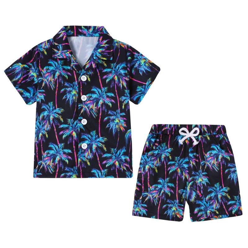 YUEMION Boys Hawaiian Outfit 2Pcs Set Summer Beach Button-Down Shirt Top + Shorts for Kids(Black - palm tree, 6-7 Years) - Image 1