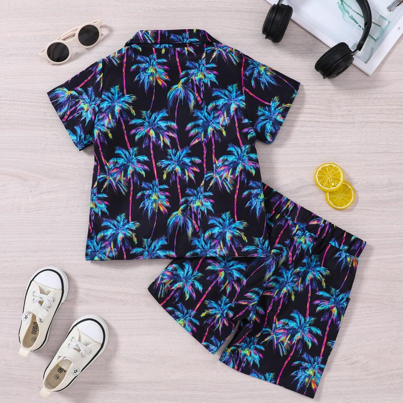 YUEMION Boys Hawaiian Outfit 2Pcs Set Summer Beach Button-Down Shirt Top + Shorts for Kids(Black - palm tree, 6-7 Years) - Image 5