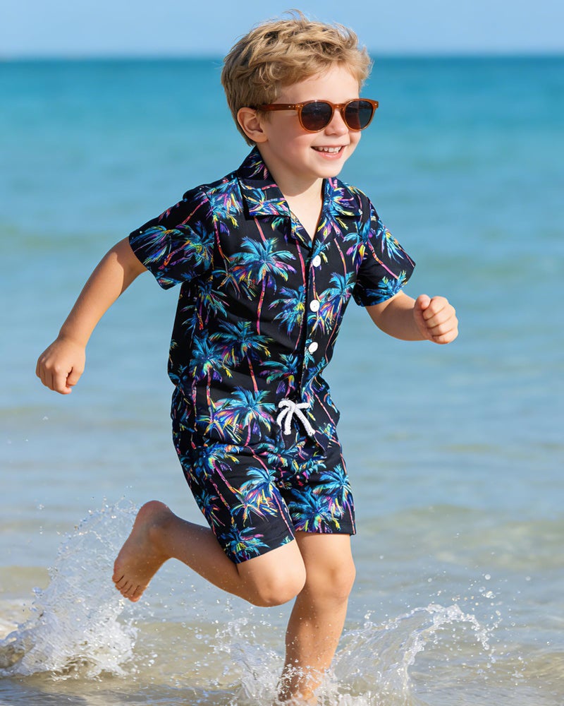 YUEMION Boys Hawaiian Outfit 2Pcs Set Summer Beach Button-Down Shirt Top + Shorts for Kids(Black - palm tree, 6-7 Years) - Image 3