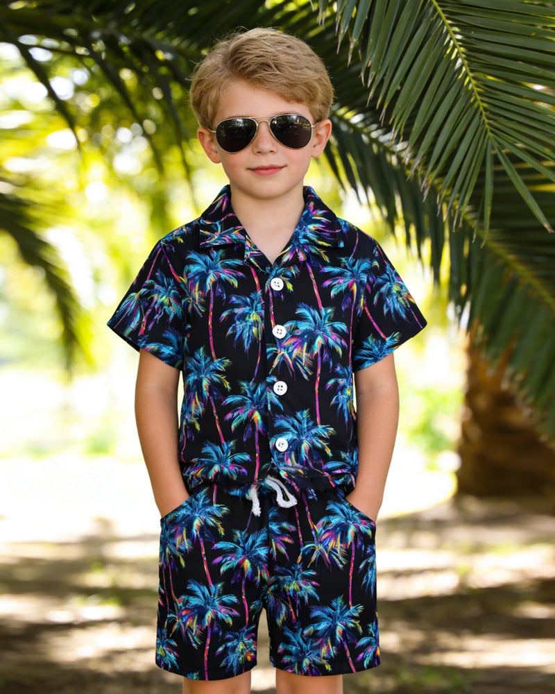 YUEMION Boys Hawaiian Outfit 2Pcs Set Summer Beach Button-Down Shirt Top + Shorts for Kids(Black - palm tree, 6-7 Years) - Image 2