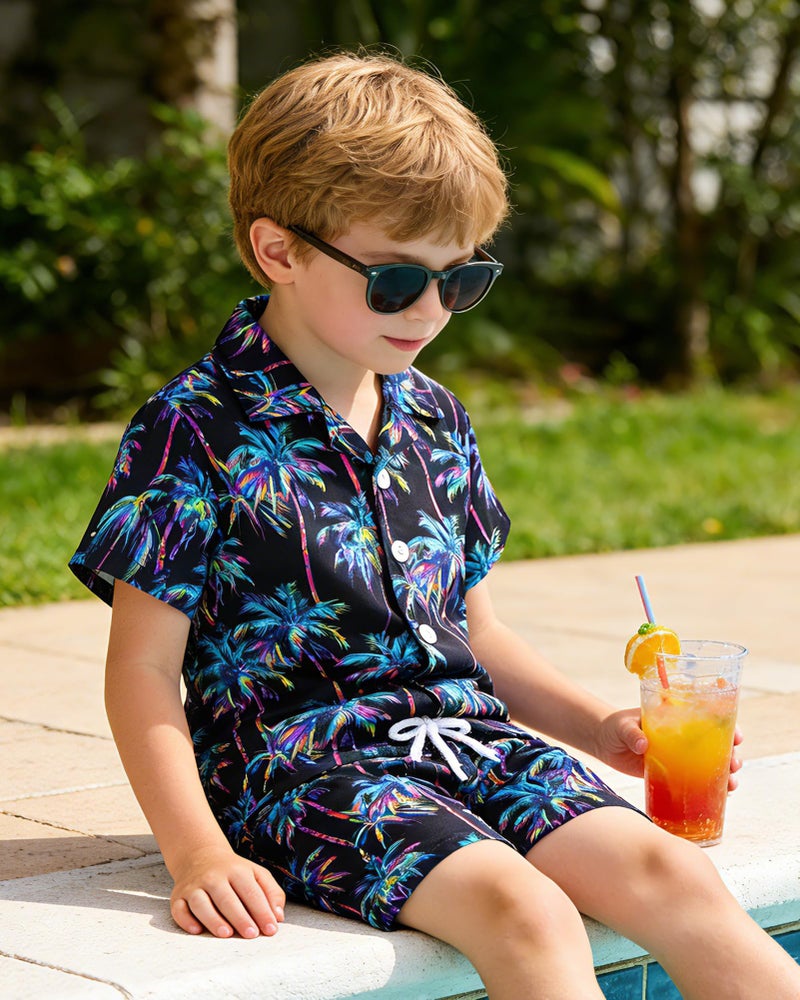 YUEMION Boys Hawaiian Outfit 2Pcs Set Summer Beach Button-Down Shirt Top + Shorts for Kids(Black - palm tree, 6-7 Years) - Image 4