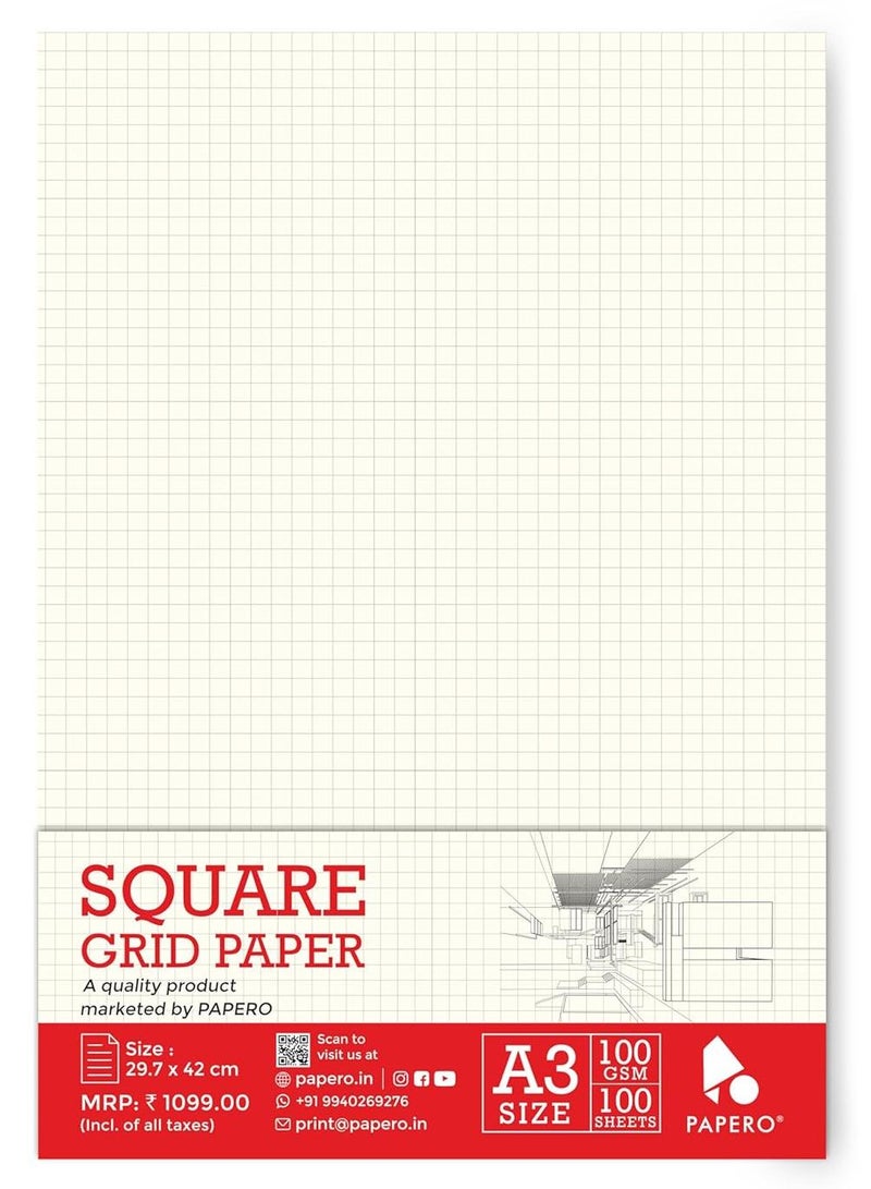 PAPERO A3 Loose Leaf Square Grid Paper | 100 GSM | 100 Sheets | (29.7 x 42 cm) | Ideal for Artists & Designers (A3-100 SHEETS) - Image 1