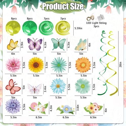 VABAMNA 33pcs Spring Hanging Decorations for Home - Flower Butterfly Hanging Swirls with Led Lights for Spring Summer Easter Flower Butterfly Themed Birthday Party Decorations - Image 3