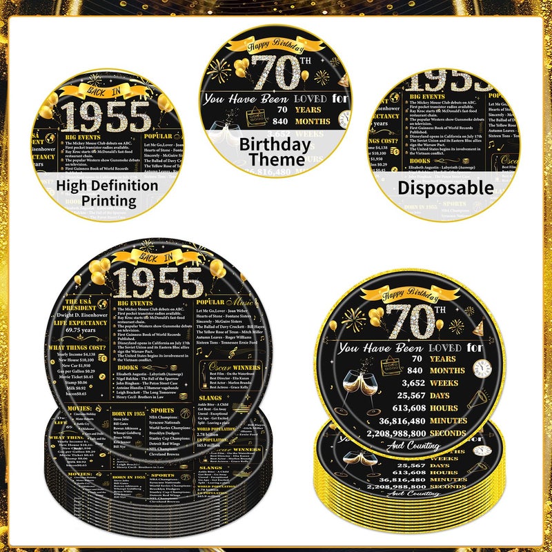 refavor 70th Birthday Decorations for Men Women  96PCS 1955 Theme Party Plates Napkins and Forks Set  Disposable Black Gold Happy 70 Years Old Birthday Tableware Decor Supplies - Image 4