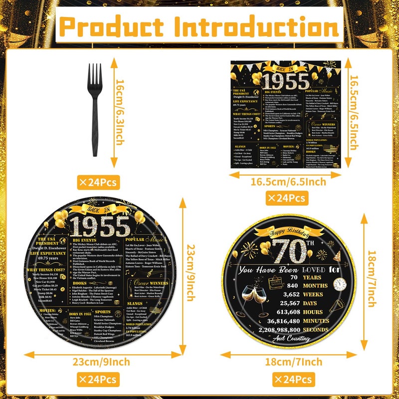 refavor 70th Birthday Decorations for Men Women  96PCS 1955 Theme Party Plates Napkins and Forks Set  Disposable Black Gold Happy 70 Years Old Birthday Tableware Decor Supplies - Image 2