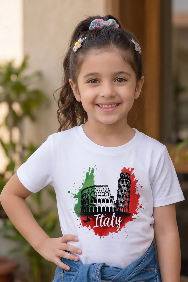 فنكار تيشيرت أطفال للأولاد والبنات بطباعة علم إيطاليا