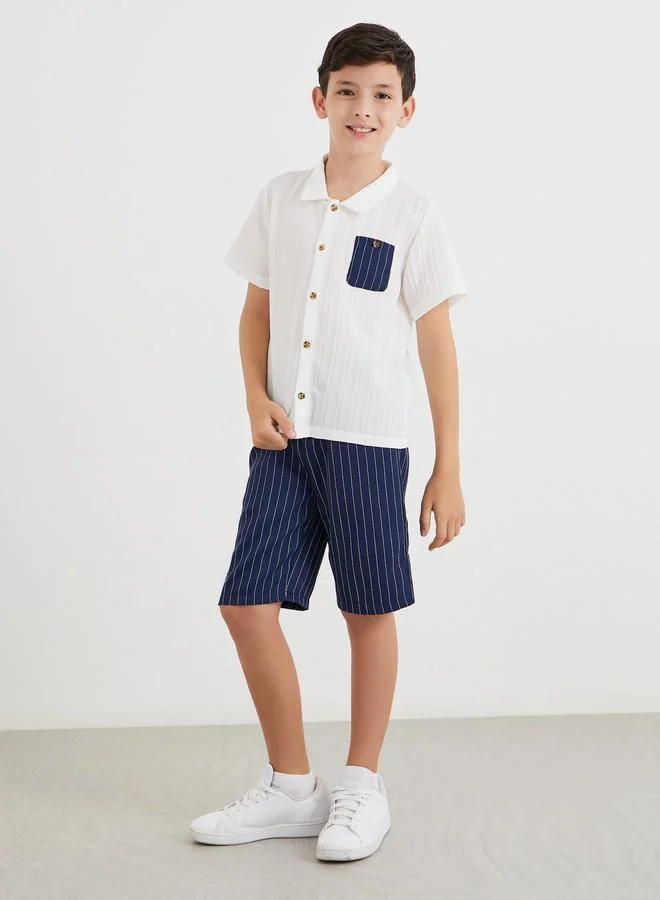 ستايلي Styli Textured Shirt and Striped Shorts Set